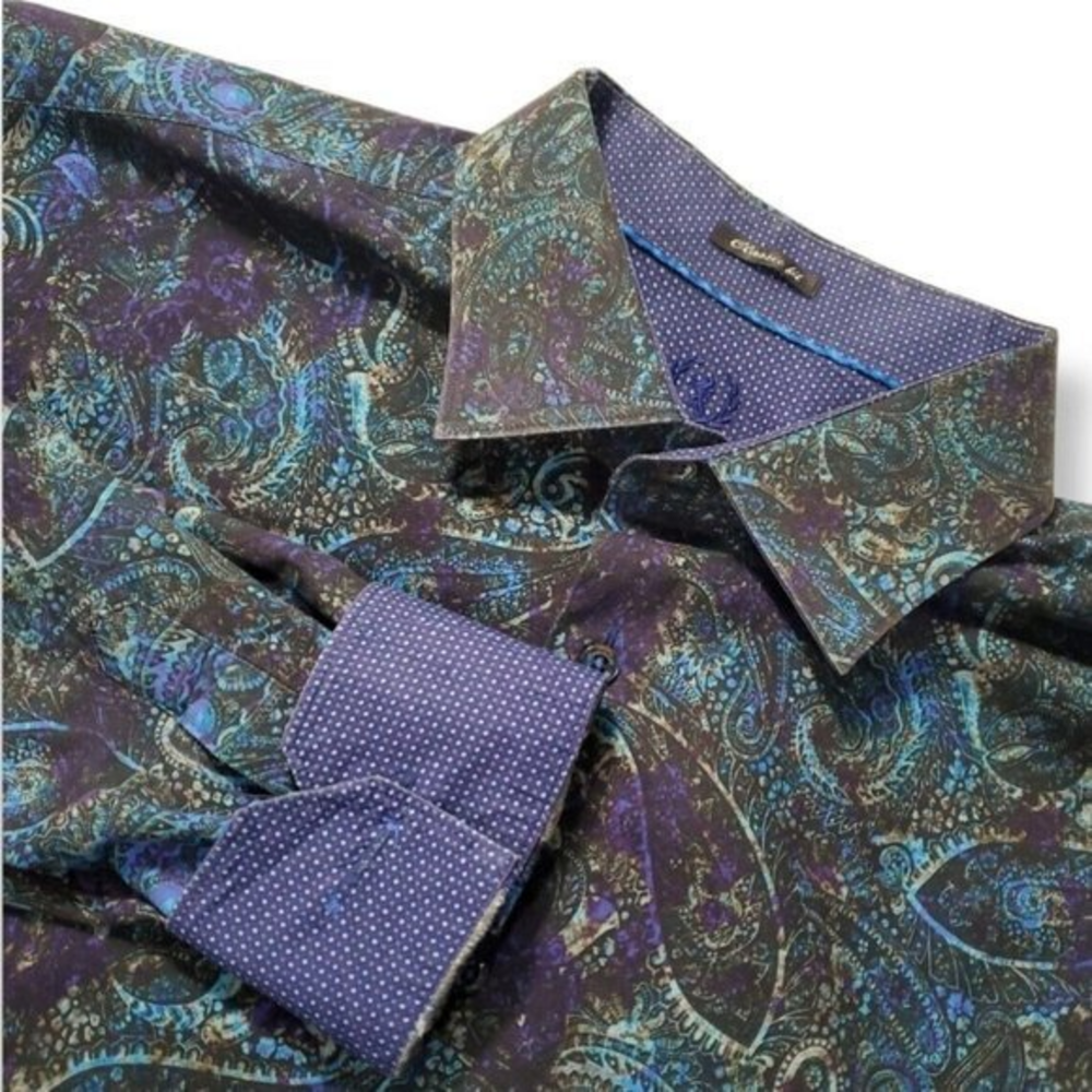 Bugatchi Men's Blue & Black Paisley Print Flip Cuff Shirt Classic Fit *READ DESC